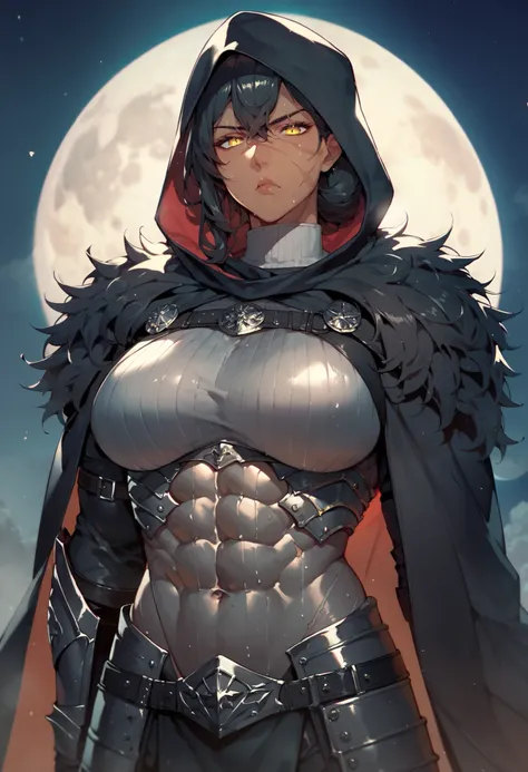 _Anime style,1women,Black hair,Dark skin,Scars on face,black knight body armor,muscular,sweaty,yellow eyes,milf,milf body,Night,Moon,Black cape,Black hood,Serious expression