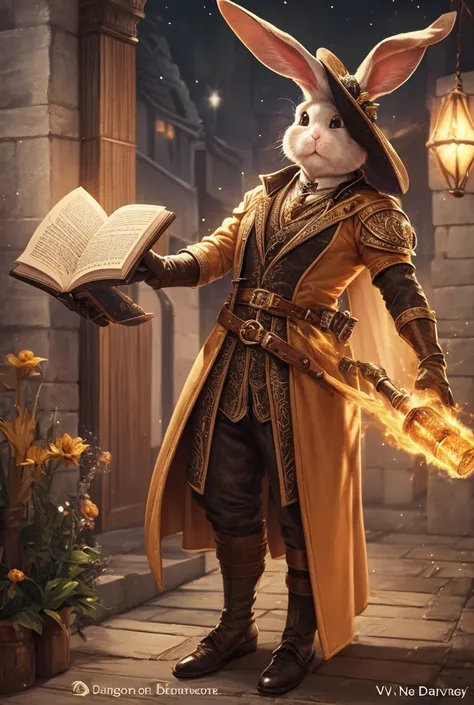 Harengon by Dungeons and Dragons fifth edition ( rabbit ).  In Scholarly Suits.  A big hat with a galaxy inside. A book of spells in the right hand. Vials of potions at the belt