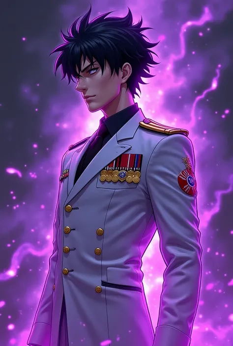 anime type like bleach black hair purple shade guy with white military commander suit with tons of badges emitting purple aura in a dark theme  world this is a well built body man. write the title below, the title will be  "Light of Hope: A Song of Blood a...