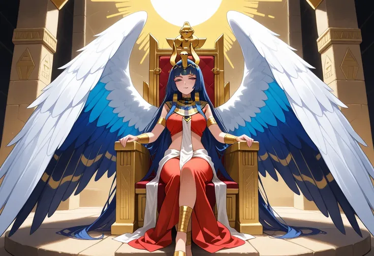 egyptian clothes, mature female, blue hair, long hair, red clothes, [[[eyeliner]]], throne, large wings, multicolored wings, solo, sun