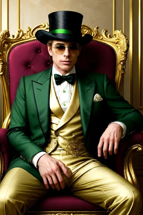 "A mysterious man in a luxurious green suit sitting confidently on a throne-like chair, wearing a matching green top hat and sunglasses. The atmosphere is dark and luxurious, with a warm golden glow in the background. Floating dollar bills scatter around h...