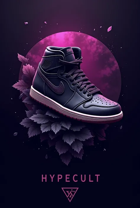 Create a professional logo for a sneaker store, with the name HypecultBR, with a detailed background with shades of purple and black with a Jordan 1 in the background