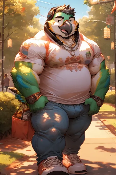 Furr,y, parrot, man, young, chubby, big strong thick muscle, short beard, short hair, feather, short-sleeved t-shirt, jeans, jeans bulge, headphones, silver nefklace, park