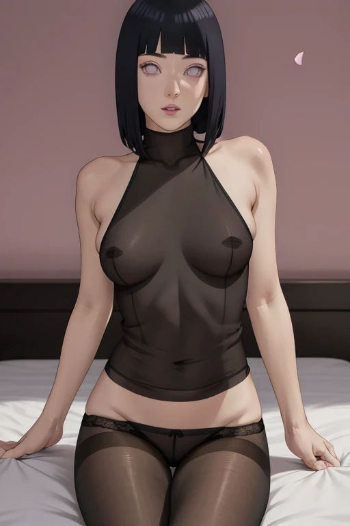    masterpiece,   absurdities  , Hinata\(boruto\), 1 ,    alone,adult woman,  thin black panties transparent    , naked breasts , dark,     Looking at the visualization of the petals),    perfect composition,    detailed lips, [chest,      pretty face,    ...