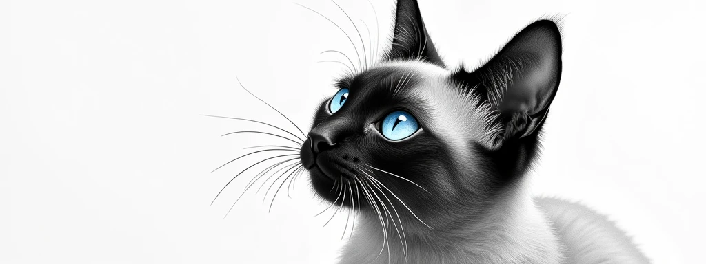 rough sketch art, black pencil drawing, iridescent jet-black, blue-eyed cute Siamese cat