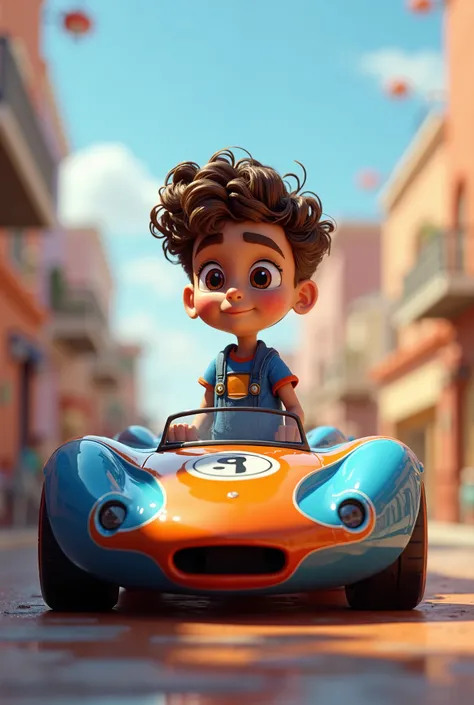 Hot Wheels type orange and blue car 
With a light-colored boy, defined curly hair with brown eyes,cute cheeks.
The boy  ,Will you be standing outside the 3D style car in the center of the image 