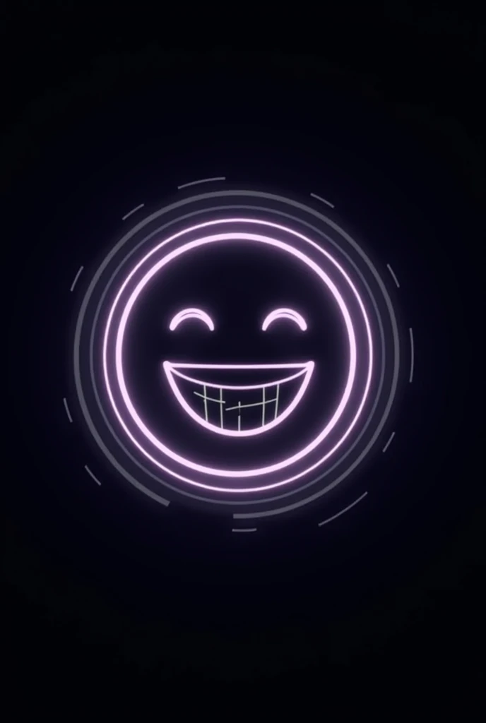 " Dark background with a bright central circle ,  that glows with soft neon shades .  Inside the circle is a stylized face ,  laughing with eyes closed , as if .  The circle is surrounded by thin rings ,  that create the effect of vibration or sound waves,...