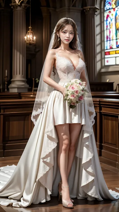 A beautiful young Japanese woman, 26 years old, with healthy thighs, beautiful legs, flawless skin, random hair color and style, large breasts, wearing a (wedding dress:1.3), (she is standing:1.2), full body shot, high heels, holding a bouquet in her hands...