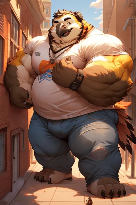 Furr,y, parrot, man, young, chubby, big strong thick muscle, short beard, short hair, feather, short-sleeved t-shirt, jeans, jeans bulge, headphones, University courtyard, (Massiv:3.0,( heavyweight ,strong,Macro, Emphasize ))