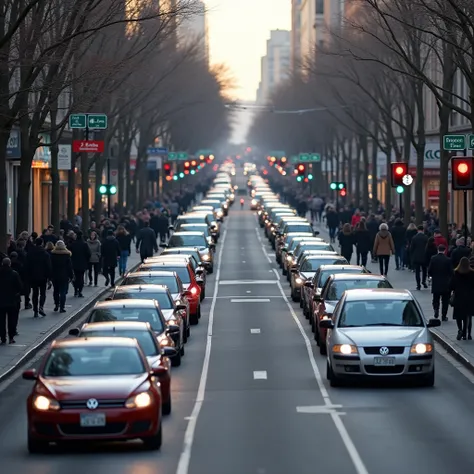 on the street, long line of cars standing without moving forward,  there is a traffic light with a red light in front of them. You can see a lot of people walking on the sidewalk of that street that has shops.