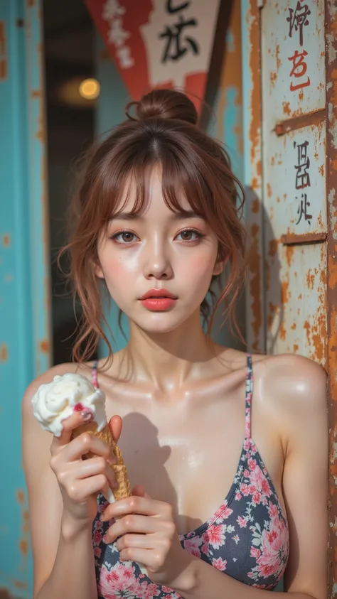 8k, masterpiece, highest quality,  Korea's Beautiful Women, Eye-level viewpoint. brown hair, bun, bangs, Pleasant expression. Pink and dark-blue patterned dress. Holding ice cream cone. Casual pose.  Weathered, rusty metal wall. Japanese sign. Outdoor sett...