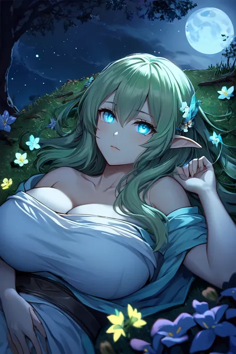 It's a night on spring,a pretty elven girl is lying on spring edge,open chest cloths,big breasts,sharp eyes,moonlight effects