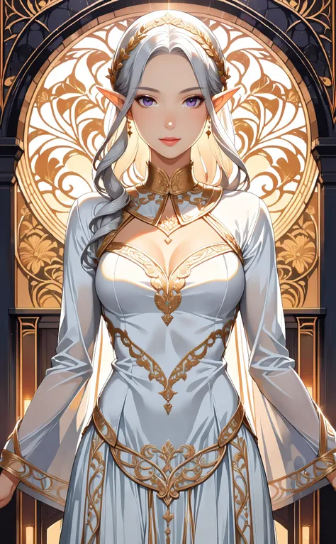 (masterpiece, ultra quality, official art, 8k, beautiful and aesthetic, extreamly detailed:1.3), (1 elf lady), solo, (cowboy shot:1.3), (Art nouveau style background, by Émile Gallé), anatomically correct, absurdres, (well-defined facial features, perfectl...