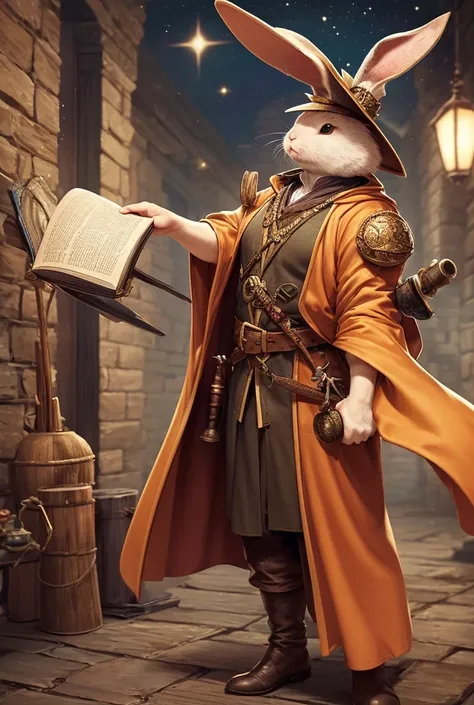 Harengon from dungeons and dragons fifth edition (rabbit). In scholarly robes. A big hat with a galaxy inside. A book of spells in his right hand. Potion vials on his belt