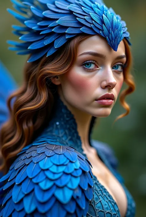 A close-up portrait of a mystical female figure inspired by the grace of birds, her features glowing with otherworldly beauty. Her face is elegant and symmetrical, with almond-shaped eyes in a vivid sapphire blue that shimmer softly, holding an air of myst...