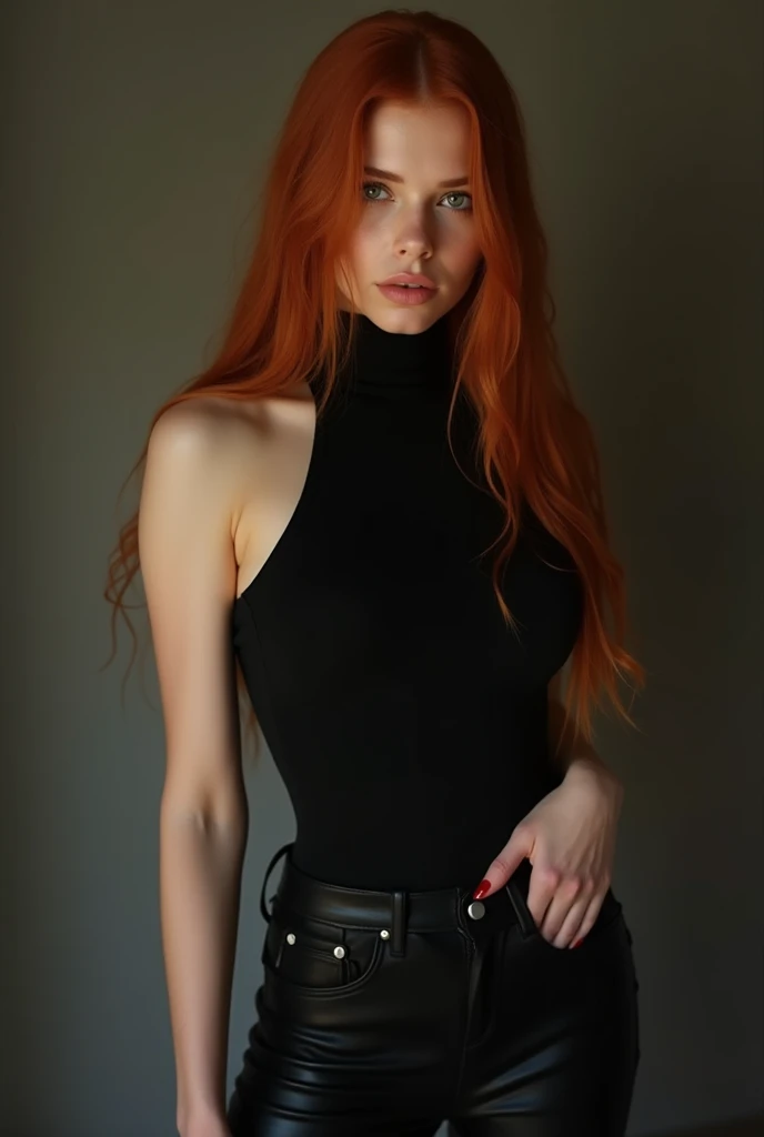  An 18-year-old woman with long straight reddish hair, Honey-colored eyes of 1 ,50 tall, C cup breasts, Sensual and mysterious face,  high black heels with tight black pants, high black stiletto heels and a sleeveless black turtleneck blouse