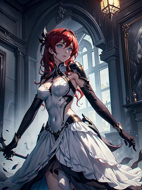 ((DARK FANTASY COLORING, DARK COLOR PALETTE, SORROW LIGHTING))
((masterpiece, best quality, uhd, detailed, detailed eyes)), (1girl, anime girl in the mansion hall),(mature), (solo), (female focus, blue eyes girl, vicious), (red hair, wavy hair, long hair),...