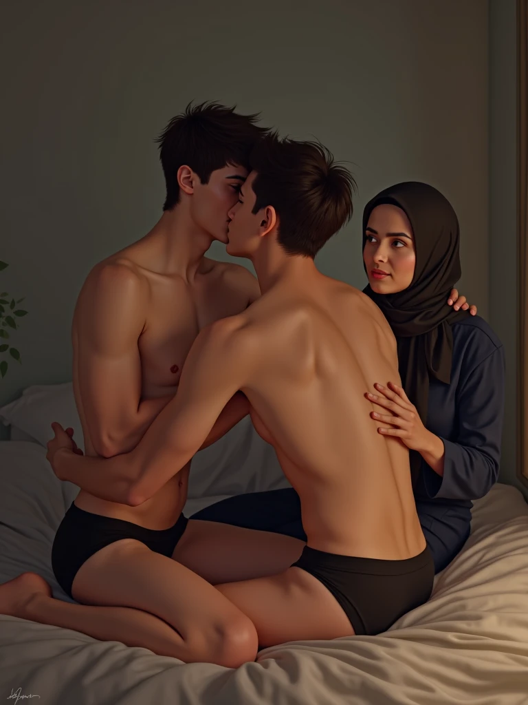 ((two gay son kissing in the bed)), (topless and wearing underwear), (hijab indonesian mature women embrace them watching closely and touching their hair)