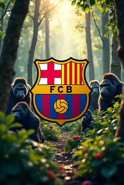 The FC Barcelona shield in a forest with gorillas