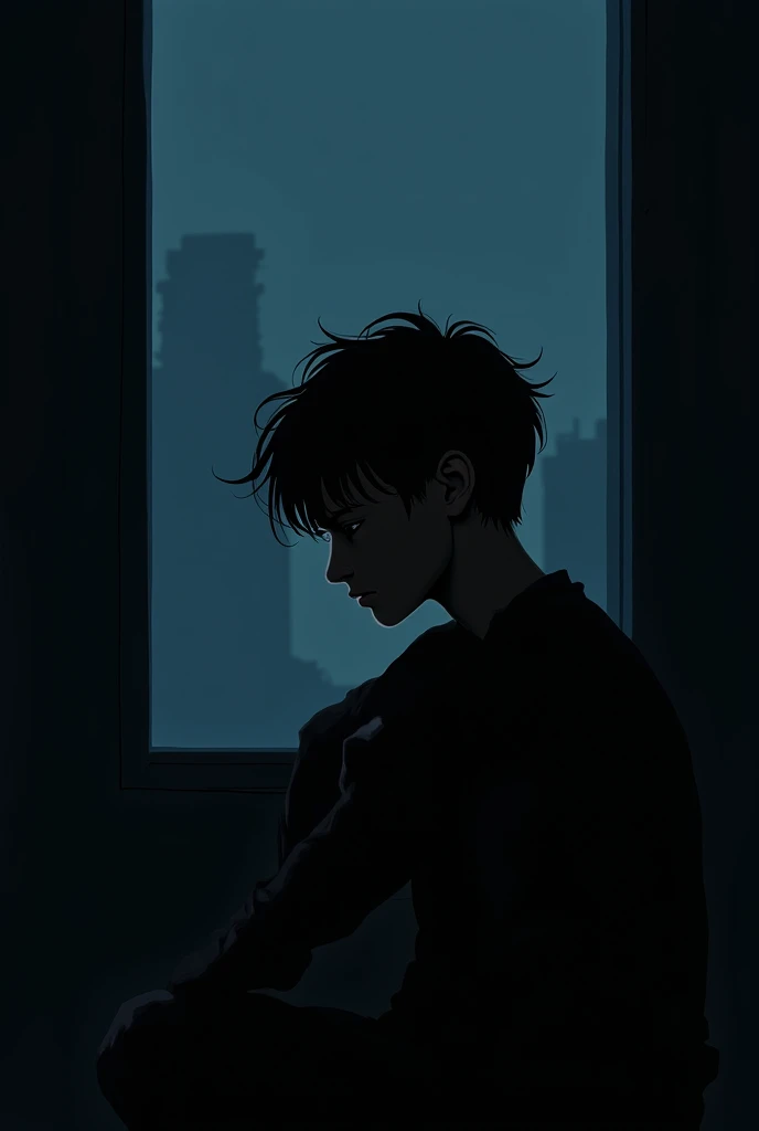 A 25 years old boy setting behind the window of a dark room. His face is covered by shadow. He is disappointed. And think he knows everything but he acts like a fool.