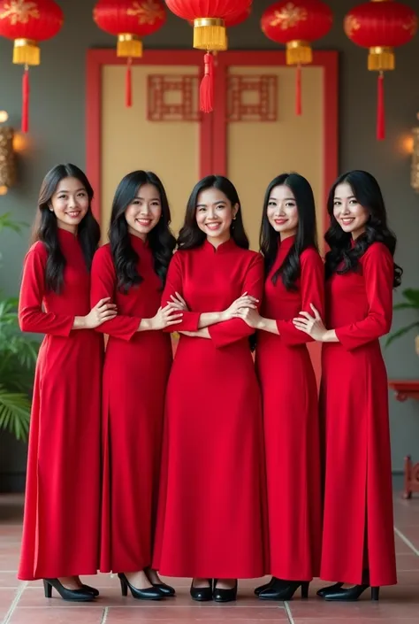 From the front full body realistic photografhy seven cute beautiful Indonesian women, wearing long red Chinese New Year dresses, black heels standing together neatly, cheerful expressions ultra hd wide angle, faces must be real clear, smooth, clear images,...