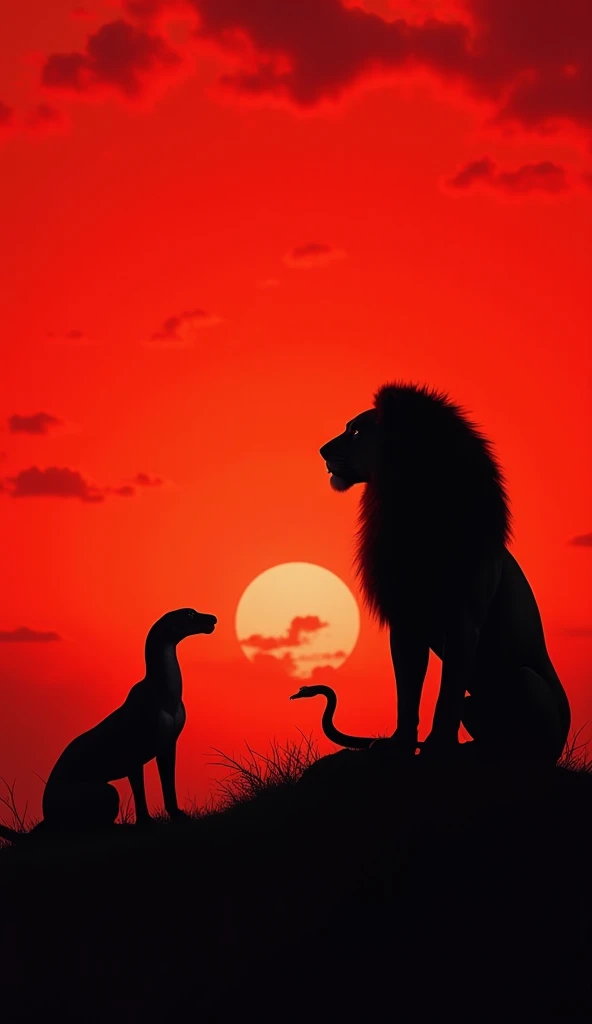 Silhouette of a lion and a snake together watching a unique sunset with a red sky