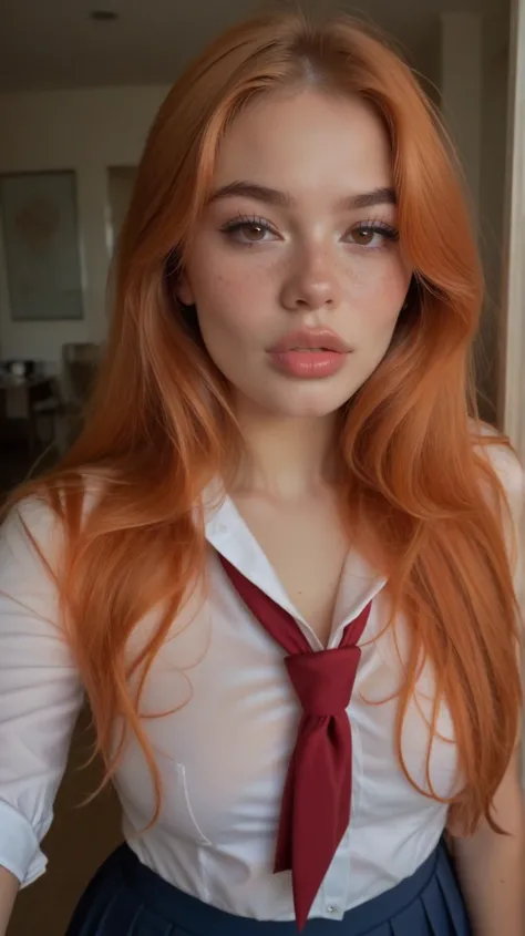 Tall slender girl with long natural red-orange hair. She is 18 years old.  She has brown eyes , a scattering of freckles on pale skin.  plump lips .  She is wearing a tight ,  school uniform that emphasizes her slim figure . She looks self-confident and ar...