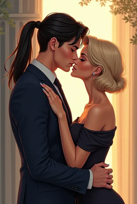 beautiful drawing,handsome young male with long straight black hair below his shoulders,gathered in a ponytail,blue eyes,tanned skin,beautiful features,Business suit,kissing and hugging with an incredibly beautiful mature blonde femme fatale with very shor...