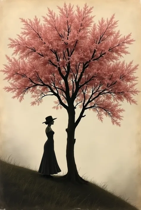 Old photograph of a single ,  thick and plump cherry blossom tree ,  on whose trunk you can see the silhouette in the shadows of a slender woman who appears in a long fitted dress with corset and elegant from 1920 and with a hat like a sad soul seen in the...