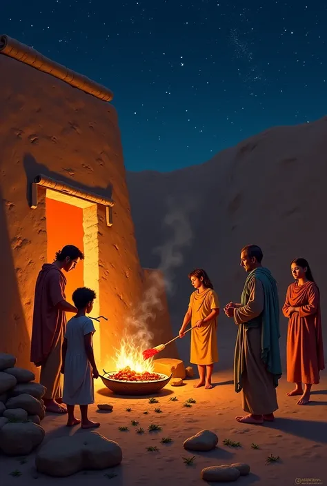 in ancient egypt, during the night.  under a starry sky ,  an Israeli family is gathered outside their house .  A fire burning on improvised stones serves as a grill , where the lamb is being roasted ,  emitting smoke and characteristic scent .  The family...