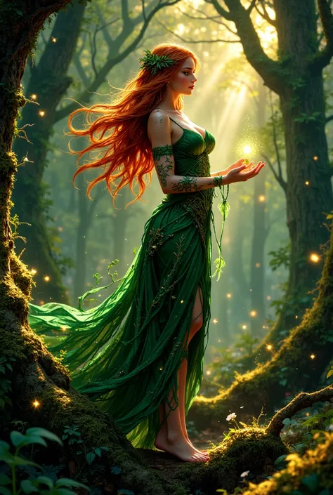 A breathtaking depiction of the Forest Enchantress, a striking woman with long, flowing auburn hair that cascades like fiery silk down her back. Her piercing emerald eyes glimmer with a hypnotic allure, radiating both mystery and power. She stands amidst a...