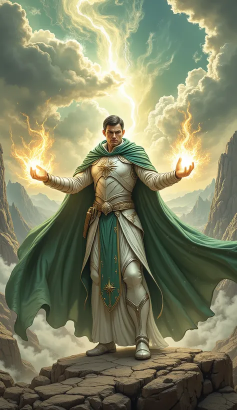 male human, cleric, paladin, (Masterpiece 1.5, intense details), casting a spell ,wearing white armor, green cloak with sun symbol, glowing holy symbol, armed with , short hair, black hair, frown, serious, high detail, Realism, Action painting, depth of ...