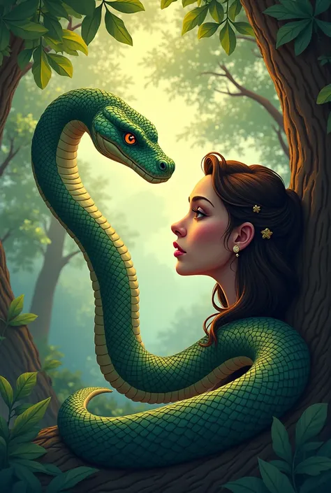 A snake wrapped around a tree branch talking to Eva(  according to the biblical story ), You can only see half of the woman's face  (Carton style image) design  