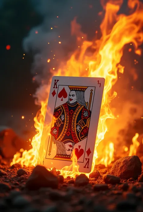 Joker card caught in the fire with black background 