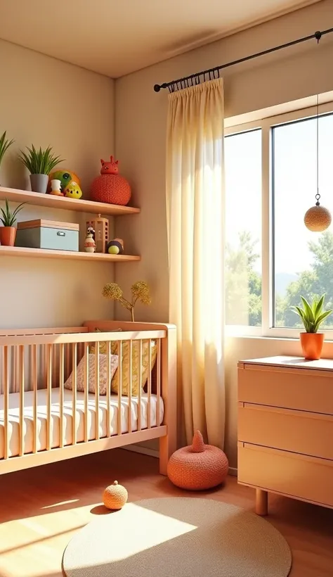 
Theme baby room, in the architectural style of Patricia from DomaArquitetura. Colorful and functional, light beige walls, window with curtain, ren's decoration shelves, crib and dresser. 
During the day, yellow indirect light, realistic and delicate.