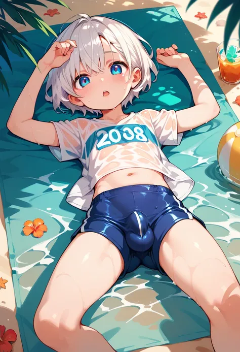 1boy, shota, white hair, blue eyes, short hair, wet clothes,beach, blush, open mouth, transparent shirt, (bulge:1.6), huge penis, legs open, laying down, tight shorts, showing his cute little butt