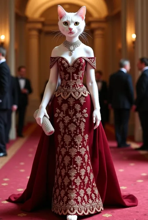 "A graceful full body white cat strolls through a grand ballroom in an opulent maroon gown with intricate gold embroidery. Her jeweled necklace glimmers with every step, and she carries an elegant pearl-studded clutch."