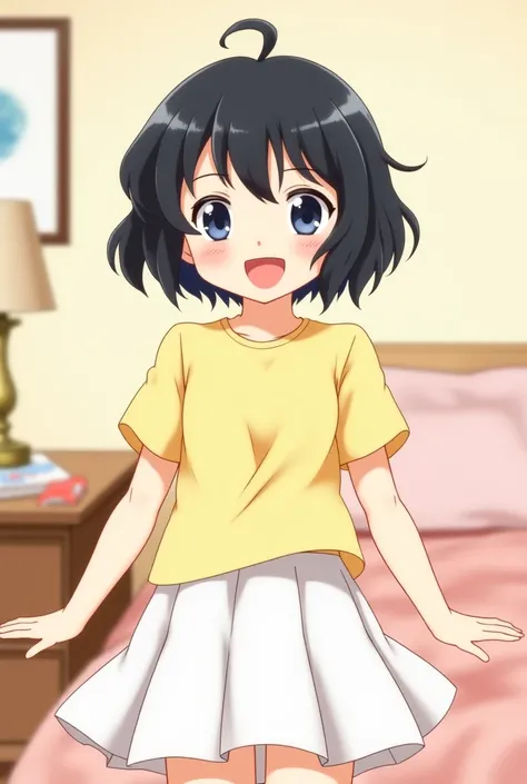 1girl,  girl, short wavy black hair, blue eyes, cheerful expression, cute short stature, light brown skin, open arms pose, light yellow T-shirt, white skirt, bedroom background, anime, illustration