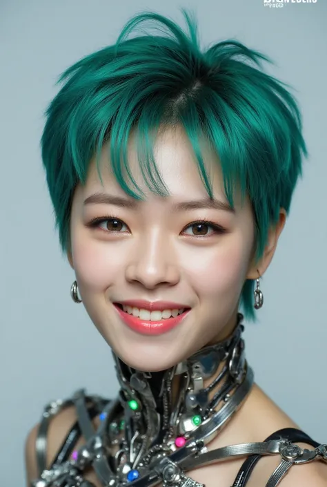 A realistic photo of Jeongyeon from Twice, reimagined as Franky from One Piece, teal hair color