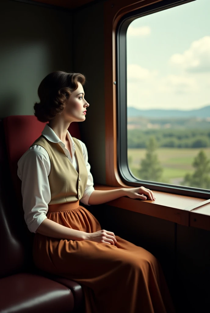  I need to create an image in which there is a woman sitting on the train looking out the window.  You shouldn't see her face .  The whole thing must be set in the 1940s .  The woman wears a long brown skirt , a white linen shirt ,  a beige vest and a shor...