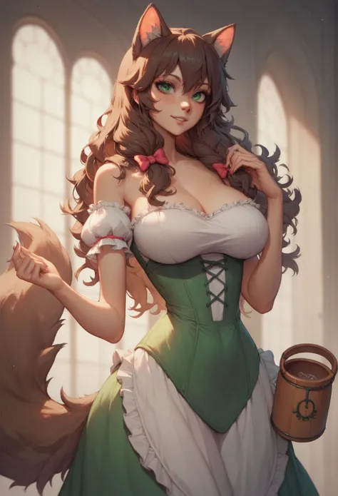     best art style    ,    pet container  , yuno    , Brown wolf, wolf, 1 girl, fluffy,     with long curly brown fur,     slim body,     green eyes    ,     wide hips    ,     big breasts    ,  ruffle white dress , long hair, 