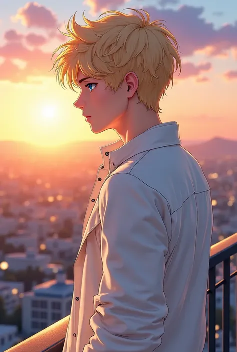 " realistic drawing" un chico hermoso parecido a rando asuka una expresión sería and de maldad facciones americanas,  Japanese, and "Agroginas ",  with white skin with short wavy hair  "light blond" in the hairstyle of a  "  layered book " with blue eyes "...