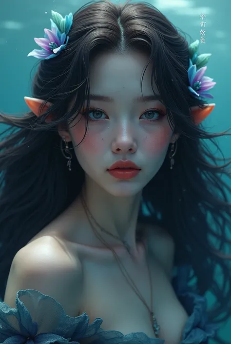 Dark brown-haired mermaid,  indigo glue with purple highlights, delicate face and cherry blossom-colored lips.