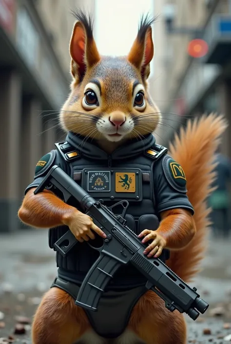 A squirrel with a bulletproof vest and a gun and the Bolivian flag in the background 