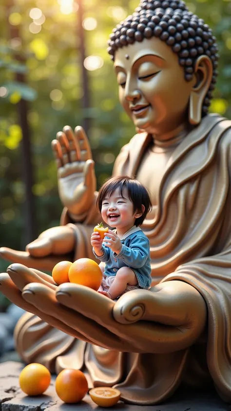 "A cute woman sitting on the palm of a serene, large statue of Buddha. She is happily eating a piece of fruit, smiling with joy as she takes a bite. The scene is peaceful and harmonious, with soft, warm light surrounding her. The Buddha statue is majestic ...