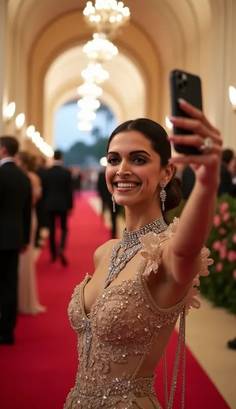 A hyper-realistic selfie image captured by Deepika Padukone in her front camera of her phone at the Met Gala. The perspective is dramatic, as though seen from a smartphone camera held at arm’s length. Deepika Padukone is in the foreground, smiling elegantl...