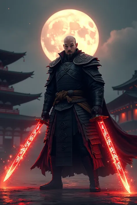 Create japanese swordsman with black armor ,2 red swords spiting fire ,bald head with long mustache,text curved on sword duve,create background with temple and moon and text salt city