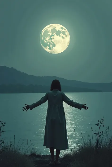 (8k, ​masterpiece, high resolution, top-quality, hyper realisitic, increase the resolution, best qualtiy, highly detailed, cinematic lighting, ray trace, golden ratio), A lone figure stands at the edge of a desolate, moonlit lake, their outstretched arms y...