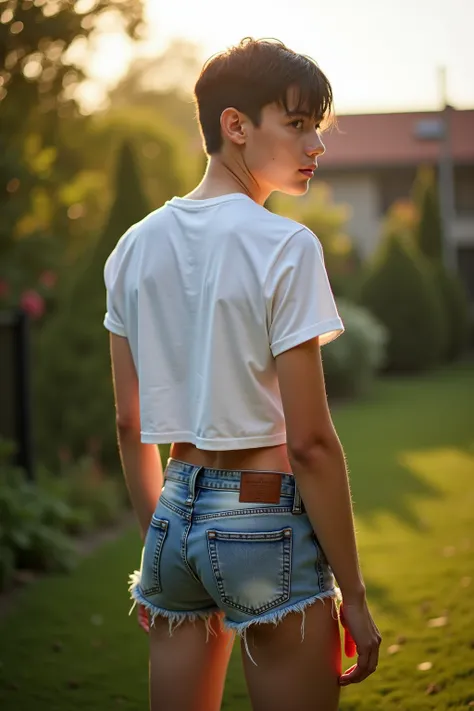 In the garden in the bright morning sun Viewed from behind, a tall 18-year-old-man looks over his shoulder. He is white European, skinny with straight short black hair and wearing a white cropped t-shirt and tight very skimpy cut-off denim shorts.