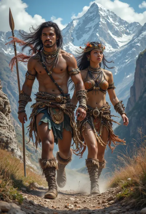  A warrior man from Peru walking with a beautiful medieval warrior woman well-detailed warrior clothing perfect bodies, perfect faces,detailed to the African culture of Peru  